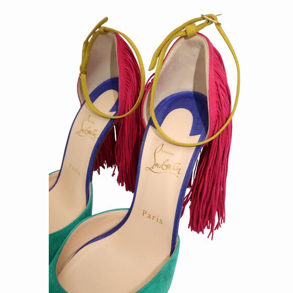 Christian Louboutin Suede Fringe Otrot 120 Heeled Sandals Multicolor Size 40 - Picture 4 of 9
